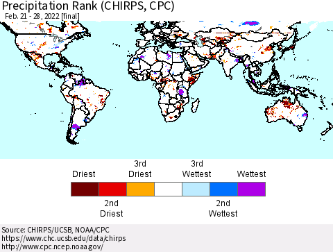 World Precipitation Rank (CHIRPS) Thematic Map For 2/21/2022 - 2/28/2022