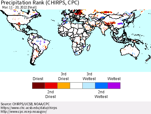World Precipitation Rank (CHIRPS) Thematic Map For 3/11/2022 - 3/20/2022