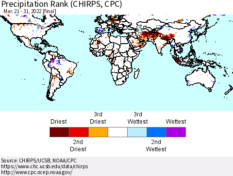 World Precipitation Rank (CHIRPS) Thematic Map For 3/21/2022 - 3/31/2022