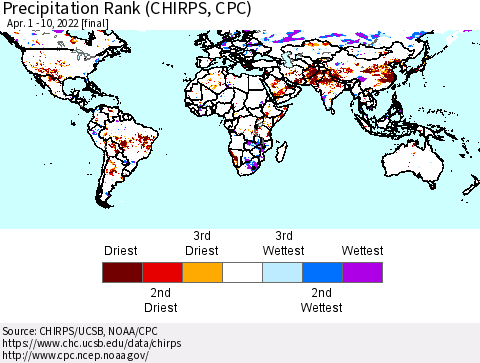 World Precipitation Rank (CHIRPS) Thematic Map For 4/1/2022 - 4/10/2022