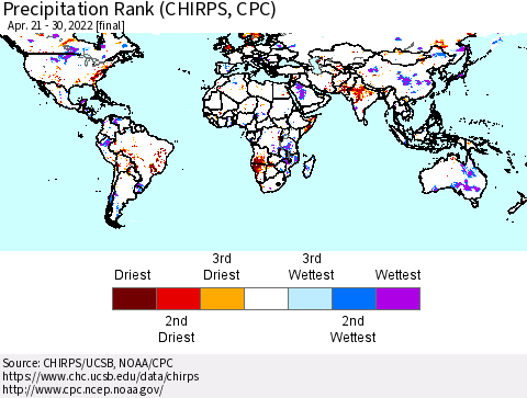 World Precipitation Rank (CHIRPS) Thematic Map For 4/21/2022 - 4/30/2022