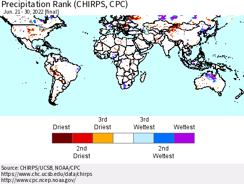 World Precipitation Rank (CHIRPS) Thematic Map For 6/21/2022 - 6/30/2022