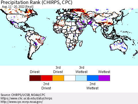 World Precipitation Rank (CHIRPS) Thematic Map For 8/11/2022 - 8/20/2022