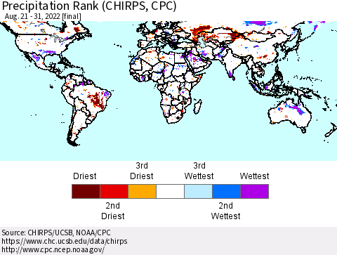 World Precipitation Rank (CHIRPS) Thematic Map For 8/21/2022 - 8/31/2022