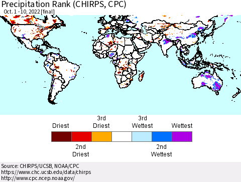 World Precipitation Rank (CHIRPS) Thematic Map For 10/1/2022 - 10/10/2022