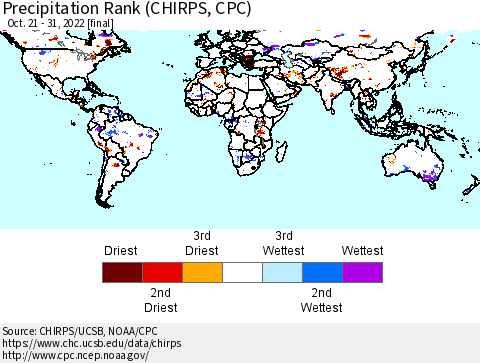 World Precipitation Rank (CHIRPS) Thematic Map For 10/21/2022 - 10/31/2022