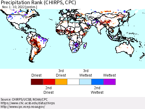World Precipitation Rank (CHIRPS) Thematic Map For 11/1/2022 - 11/10/2022