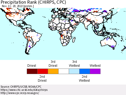 World Precipitation Rank (CHIRPS) Thematic Map For 11/11/2022 - 11/20/2022