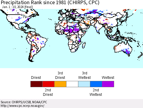 World Precipitation Rank since 1981 (CHIRPS) Thematic Map For 1/1/2024 - 1/10/2024