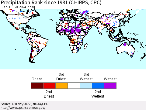 World Precipitation Rank since 1981 (CHIRPS) Thematic Map For 1/11/2024 - 1/20/2024
