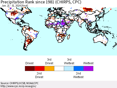 World Precipitation Rank since 1981 (CHIRPS) Thematic Map For 1/21/2024 - 1/31/2024