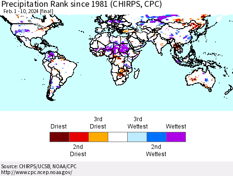 World Precipitation Rank since 1981 (CHIRPS) Thematic Map For 2/1/2024 - 2/10/2024