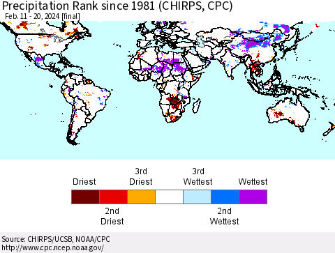 World Precipitation Rank since 1981 (CHIRPS) Thematic Map For 2/11/2024 - 2/20/2024
