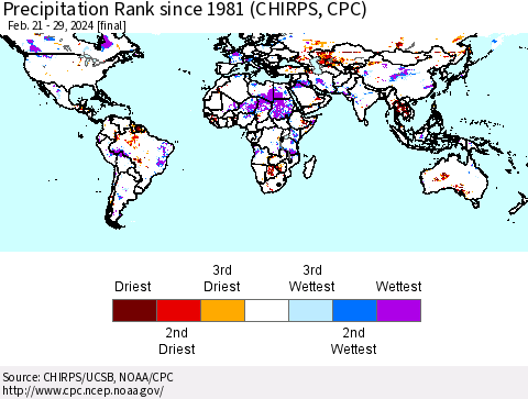 World Precipitation Rank since 1981 (CHIRPS) Thematic Map For 2/21/2024 - 2/29/2024