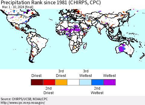 World Precipitation Rank since 1981 (CHIRPS) Thematic Map For 3/1/2024 - 3/10/2024