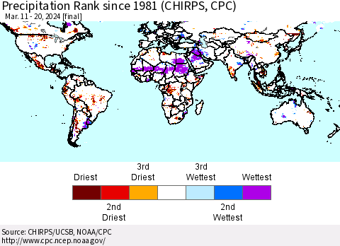 World Precipitation Rank since 1981 (CHIRPS) Thematic Map For 3/11/2024 - 3/20/2024