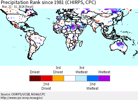World Precipitation Rank since 1981 (CHIRPS) Thematic Map For 3/21/2024 - 3/31/2024