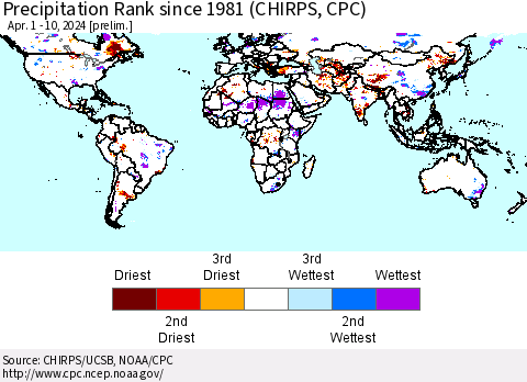 World Precipitation Rank since 1981 (CHIRPS) Thematic Map For 4/1/2024 - 4/10/2024