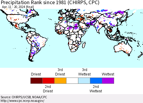 World Precipitation Rank since 1981 (CHIRPS) Thematic Map For 4/11/2024 - 4/20/2024