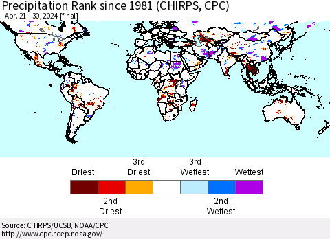 World Precipitation Rank since 1981 (CHIRPS) Thematic Map For 4/21/2024 - 4/30/2024