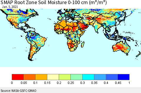 World SMAP Root Zone (0-100 cm) Soil Moisture (m³/m³) Thematic Map For 1/1/2021 - 1/5/2021