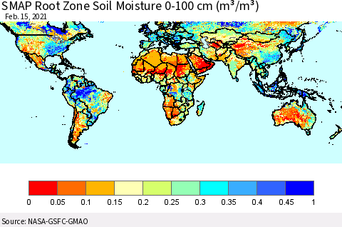 World SMAP Root Zone (0-100 cm) Soil Moisture (m³/m³) Thematic Map For 2/11/2021 - 2/15/2021