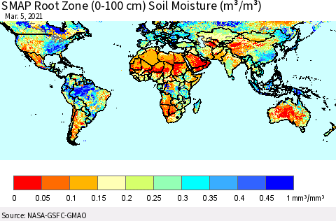 World SMAP Root Zone (0-100 cm) Soil Moisture (m³/m³) Thematic Map For 3/1/2021 - 3/5/2021