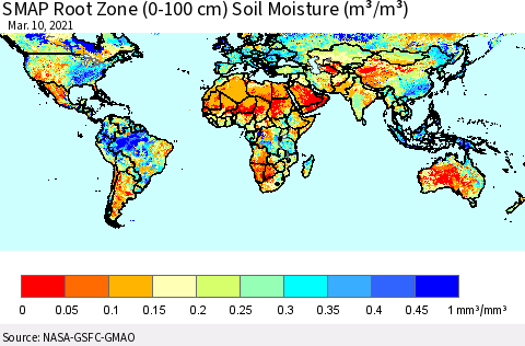 World SMAP Root Zone (0-100 cm) Soil Moisture (m³/m³) Thematic Map For 3/6/2021 - 3/10/2021