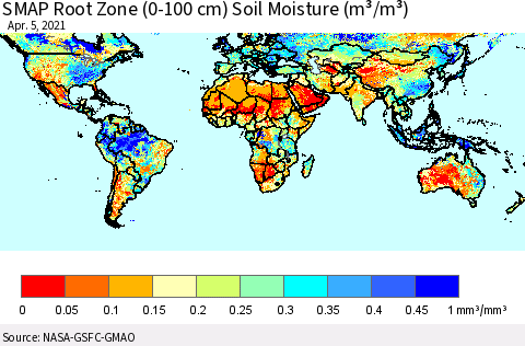 World SMAP Root Zone (0-100 cm) Soil Moisture (m³/m³) Thematic Map For 4/1/2021 - 4/5/2021
