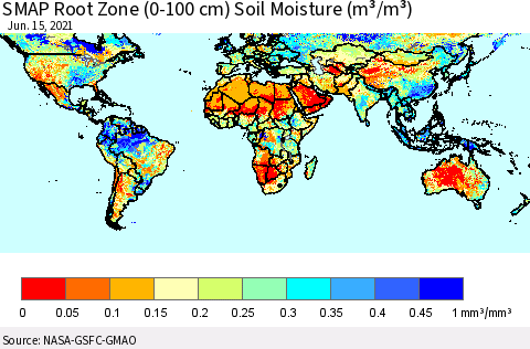 World SMAP Root Zone (0-100 cm) Soil Moisture (m³/m³) Thematic Map For 6/11/2021 - 6/15/2021