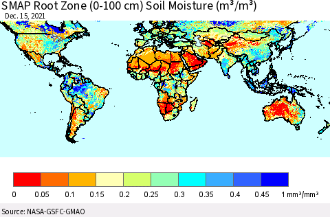 World SMAP Root Zone (0-100 cm) Soil Moisture (m³/m³) Thematic Map For 12/11/2021 - 12/15/2021