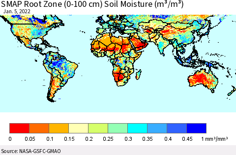 World SMAP Root Zone (0-100 cm) Soil Moisture (m³/m³) Thematic Map For 1/1/2022 - 1/5/2022