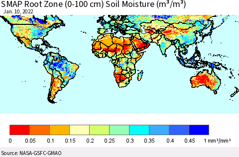 World SMAP Root Zone (0-100 cm) Soil Moisture (m³/m³) Thematic Map For 1/6/2022 - 1/10/2022
