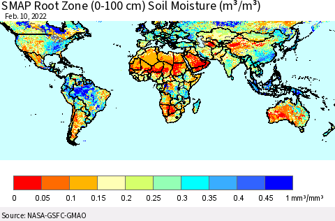 World SMAP Root Zone (0-100 cm) Soil Moisture (m³/m³) Thematic Map For 2/6/2022 - 2/10/2022