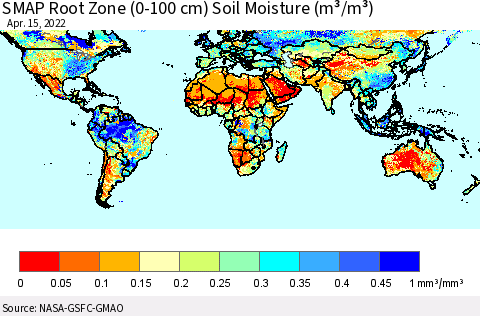 World SMAP Root Zone (0-100 cm) Soil Moisture (m³/m³) Thematic Map For 4/11/2022 - 4/15/2022