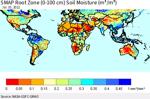 World SMAP Root Zone (0-100 cm) Soil Moisture (m³/m³) Thematic Map For 7/6/2022 - 7/10/2022