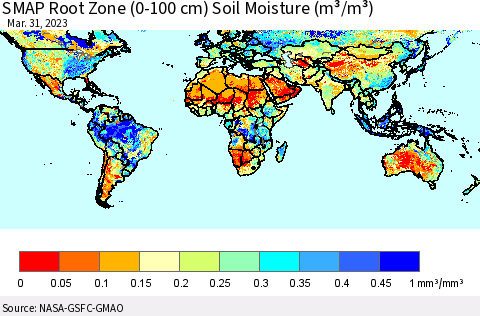 World SMAP Root Zone (0-100 cm) Soil Moisture (m³/m³) Thematic Map For 3/26/2023 - 3/31/2023