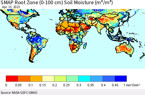 World SMAP Root Zone (0-100 cm) Soil Moisture (m³/m³) Thematic Map For 4/11/2023 - 4/15/2023