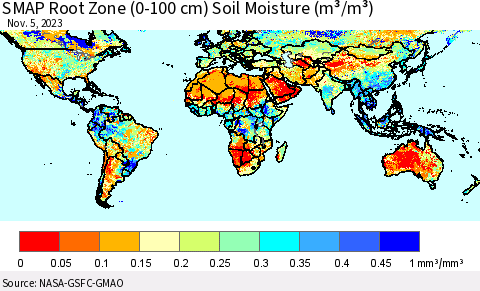 World SMAP Root Zone (0-100 cm) Soil Moisture (m³/m³) Thematic Map For 11/1/2023 - 11/5/2023