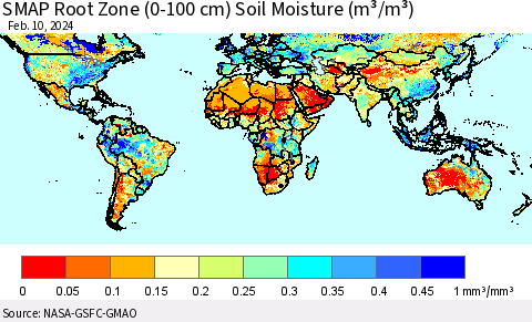 World SMAP Root Zone (0-100 cm) Soil Moisture (m³/m³) Thematic Map For 2/6/2024 - 2/10/2024