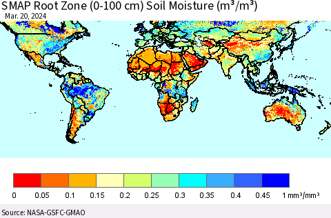 World SMAP Root Zone (0-100 cm) Soil Moisture (m³/m³) Thematic Map For 3/16/2024 - 3/20/2024