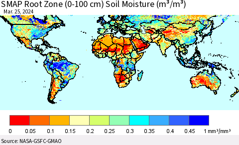World SMAP Root Zone (0-100 cm) Soil Moisture (m³/m³) Thematic Map For 3/21/2024 - 3/25/2024