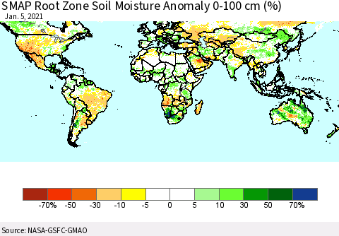 World SMAP Root Zone (0-100 cm) Soil Moisture Anomaly (%) Thematic Map For 1/1/2021 - 1/5/2021