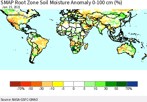 World SMAP Root Zone (0-100 cm) Soil Moisture Anomaly (%) Thematic Map For 1/11/2021 - 1/15/2021
