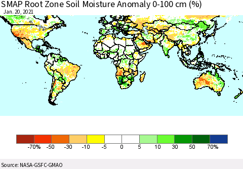 World SMAP Root Zone (0-100 cm) Soil Moisture Anomaly (%) Thematic Map For 1/16/2021 - 1/20/2021