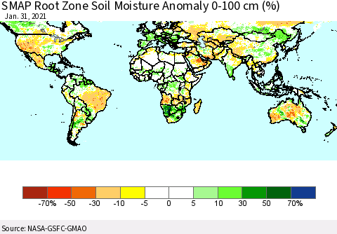 World SMAP Root Zone (0-100 cm) Soil Moisture Anomaly (%) Thematic Map For 1/26/2021 - 1/31/2021