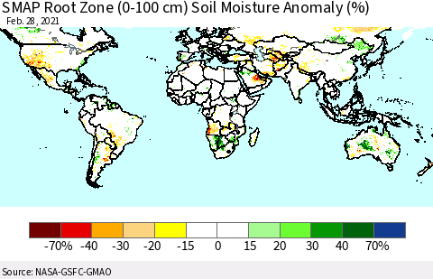 World SMAP Root Zone (0-100 cm) Soil Moisture Anomaly (%) Thematic Map For 2/26/2021 - 2/28/2021