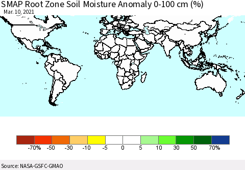 World SMAP Root Zone (0-100 cm) Soil Moisture Anomaly (%) Thematic Map For 3/6/2021 - 3/10/2021