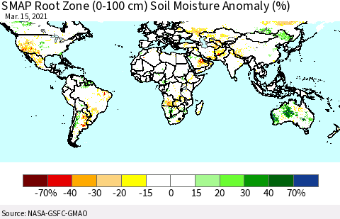 World SMAP Root Zone (0-100 cm) Soil Moisture Anomaly (%) Thematic Map For 3/11/2021 - 3/15/2021