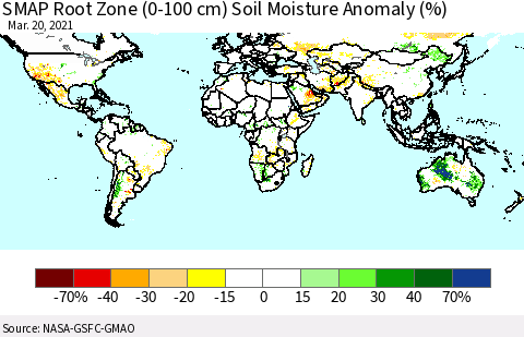 World SMAP Root Zone (0-100 cm) Soil Moisture Anomaly (%) Thematic Map For 3/16/2021 - 3/20/2021